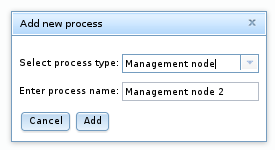 ほとんどのコンテンツは周囲のテキストで説明されています。 2 つのオプションがある「Add new process」というタイトルのウィンドウを表示:「API node」が選択された選択ボックスと、「API node 4」がプレーンテキストとして入力された「Enter process name:」が表示された「Select process type:」。 アクションボタンには、「取消」および「追加」があります。